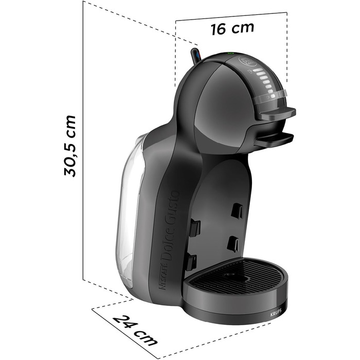 Кавомашина NESCAFÉ Dolce Gusto Mini Me від Krups, чорна/антрацитова, KP1238. Автоматична капсульна кавомашина з 15 Bar тиском, об'єм резервуару 0,8 л, режим Eco. Приготування гарячих та холодних напоїв.