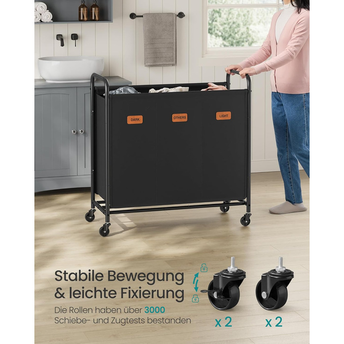 SONGMICS Laundry Basket with Wheels, 3-Compartment Laundry Sorter, 170 L Laundry Sorter, Mobile Laundry Cart, 5 Labels, for Laundry Room, Bedroom, Bathroom, Ink Black RLS330B01