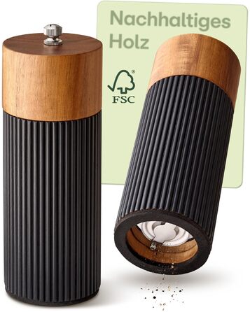 Набір для перцю та солі Praknu з дерев'яної акації з керамічним жорном - регулювання ступеня помолу, довговічний - дерев'яні млини для спецій - набір млинів для солі та перцю, чорний (маленький)