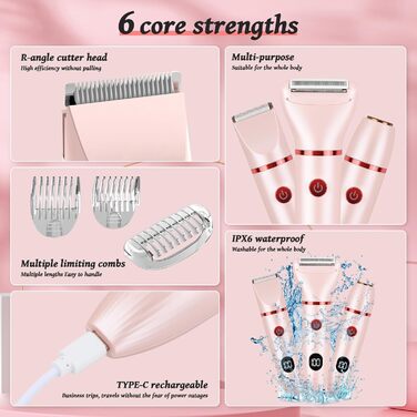 Електричний жіночий тример 3-в-1 для тіла, обличчя та інтимної зони, 3 насадки, IPX7, для жінок