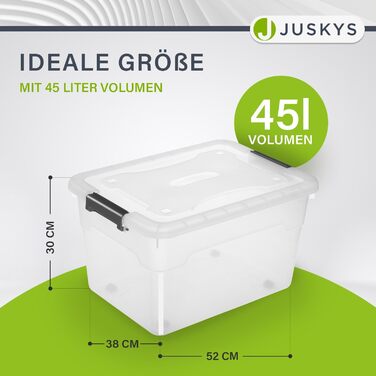 JUSKYS Storage Box with Lid - Set of 4 Plastic Boxes 45L - Large Box, Stackable, Transparent - Storage Organization System Storage Boxes