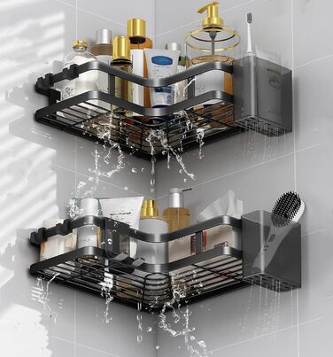 Поличка для душу без свердління, чорна, кутова, 2 шт. Трикутні кошики для душу, органайзер для ванної кімнати з 4 гачками, аксесуари для душу, тримач для шампуню в душ для ванної кімнати