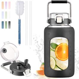 BLUEGO 2500ml Glass Water Bottle with Stainless Steel Handle, 2.5L Large Water Bottle with Time Markings and Silicone Sleeve, Half Gallon Water Jug BPA-Free for Sports Daily Use, Light Green (Black)
