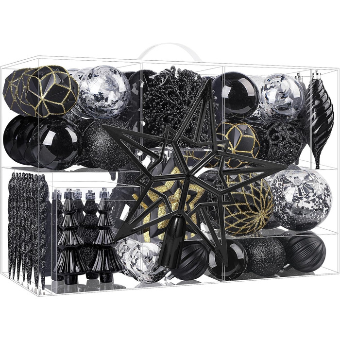 Набір з 100 штучних новорічних кулькок Shareconn, міцні, з гачками, різні розміри та дизайни, декор для ялинки, внутрішнє та зовнішнє прикрашання (чорний)
