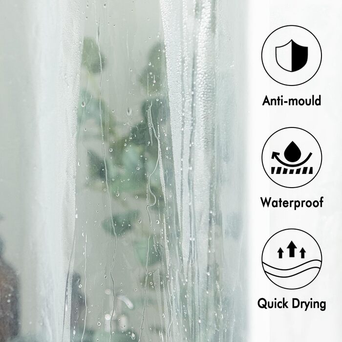 Шторка для душу MIULEE 180x210 см прозора з антигрибковим покриттям, пластикова, водонепроникна, з магнітними вагами, швидковисихаюча, з 12 кільцями, для ванни, 1 шт.