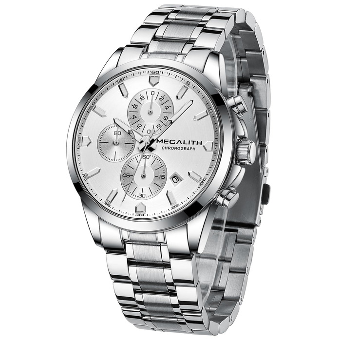 MEGALITH Чоловічий годинник з нержавіючої сталі, Хронограф, Водостійкий, Аналоговий годинник для чоловіків, Бізнес-дизайн, Календар, Світіння (B-silver)