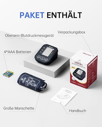 Тонометр Sinocare на плече - клінічно перевірений, 2x99 пам'ять для 2 користувачів, однокнопкове керування, XL-манжета (22-42 см), чорний