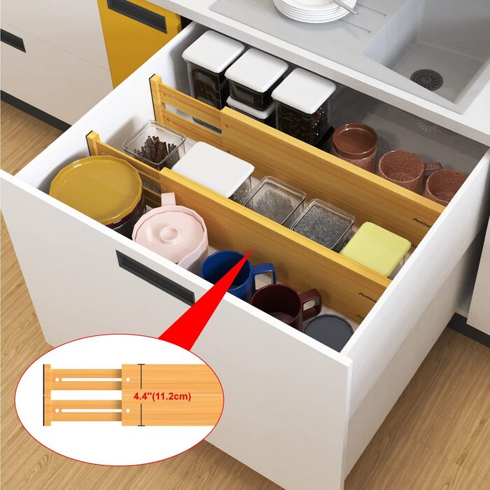 ANTOWIN 10 Pcs Adjustable Bamboo Drawer Dividers, Drawer Organizer, Spring-loaded, Kitchen, Dresser, Bathroom, Bedroom, Baby Drawer, Desk Organization System (43-56 cm) Natural