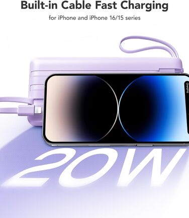 Power Bank VRURC 20000mAh з LED дисплеєм, 22,5W швидка зарядка USB-C, білий/фіолетовий