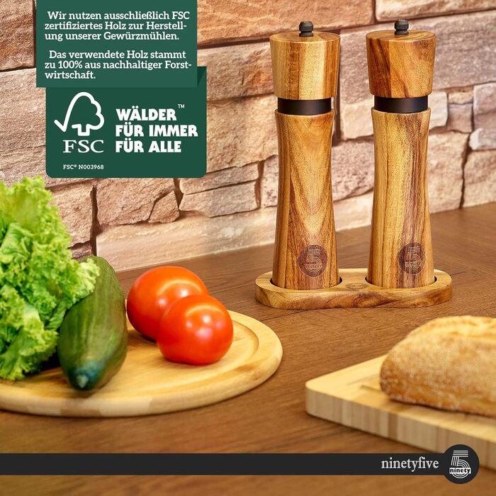 ninetyfive® Wooden Pepper Mill Set | Salt and Pepper Mills + Acacia Wood Coaster and Funnel Spoon | Spice Grinders with Ceramic Grinder (21cm) | High-Quality Gift Packaging