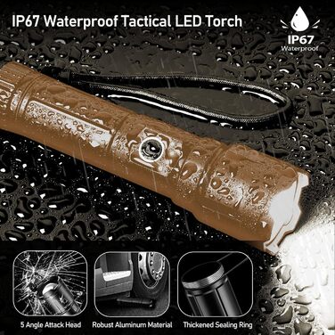 Ліхтар LED Blukar, перезарядна, надпотужний, з регулюванням фокусу, 5 режимів, водонепроникний IP67, для кемпінгу, туризму, риболовлі, надзвичайних ситуацій (колір: коричневий)