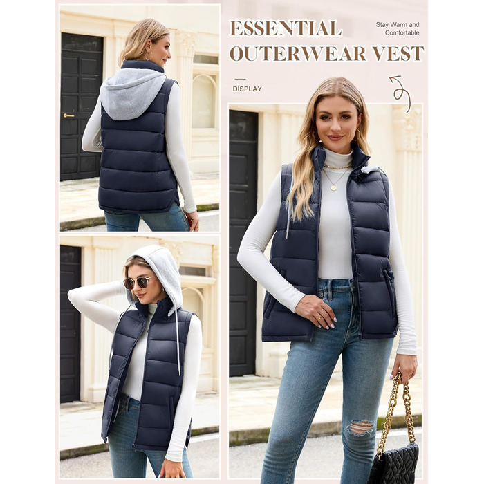 Ванкаву Степледік з капюшоном, короткий зимовий жилет, повсякденний, без рукавів, куртка (темно-синій, S)