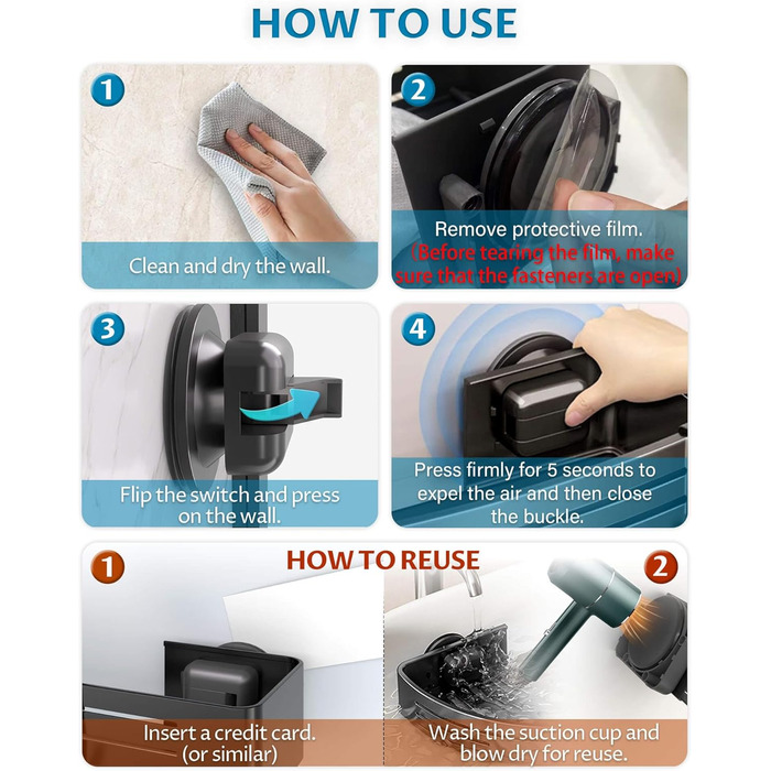 Поличка для душу Onemake з присосками, регульована, з гачками та рушниковою перекладиною, органайзер для ванної кімнати, матовий чорний, 1 шт.