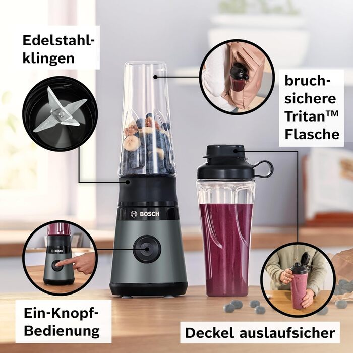 Bosch Mini-Standmixer VitaPower Serie 2 MMB2111S, High-Speed Mixer, up to 40,000 rpm, Tritan ToGo bottle 0.6 L, drinking lid, shatterproof, dishwasher-safe parts, 450W, Silver/black Single