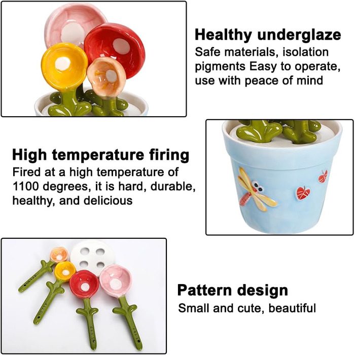 Ceramic Measuring Spoon Set in Jar – Cute Measuring Cups, Spoons for Dry and Wet Ingredients, 1 Tablespoon, 1 Teaspoon, 1/2 Teaspoon, 1/4 Teaspoon, 1 Cup