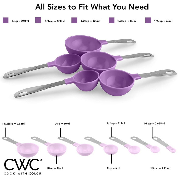 COOK WITH COLOR Measuring Cup Set and Measuring Spoon Set, Stainless Steel Handles, Nesting Kitchen Measuring Set, Liquid Measuring Cup Set, 12-Piece, Stainless Steel, Lavender