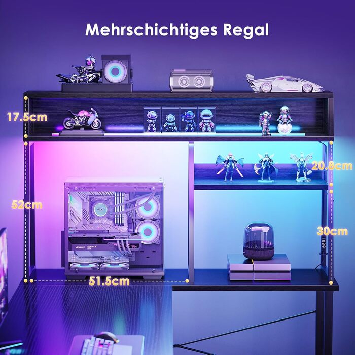 Ігровий стіл Coleshome L-подібної форми з LED підсвічуванням, 10 кольорів, 130x100 см, з полицями та кишенями для зберігання, для дому та геймерів, чорний