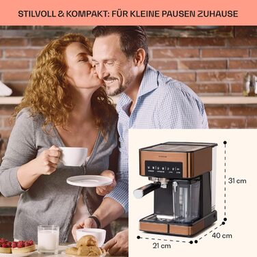Klarstein Espresso Siebträgermaschine: Компактна кавомашина еспресо з молочною піною, 1,8 л, 20 бар, нержавіюча сталь, 0,5 л резервуар для молока, 1350 Вт, для меленої кави, колір мідний