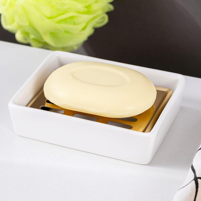 Керамічна мильниця з нержавіючої сталі, подвійна, з піддоном, для ванної кімнати та душу (11,8 x 8,8 x 3 см), золота