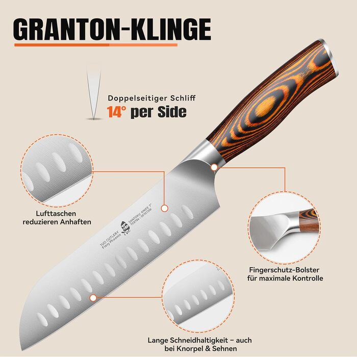 TUO Santoku ніж: професійний японський ніж з нержавіючої сталі, 18 см, ергономічна ручка з паккавуду, серія Fiery Phoenix