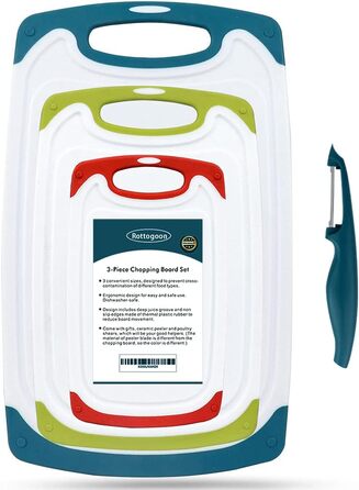Набір дерев'яних обробних дощок для кухні з неслизькими ніжками та сафтовою канавкою, BPA-free, придатні для миття в посудомийній машині (синій+зелений+червоний)