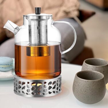 Скляна чайниця 1,8L з ситечком та підставкою – Borosilikatglas, для листового чаю та пакетиків, миється в посудомийній машині