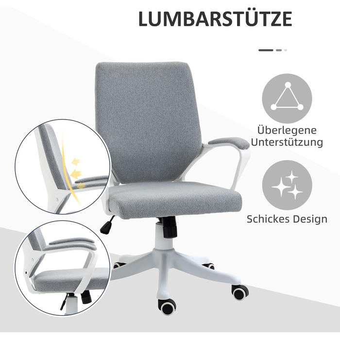 Офісний стіл Vinsetto: ергономічний крісло з підлокітниками, регульованою висотою та функцією гойдання, з тканини під льон, з м'яким сидінням, сірий та білий