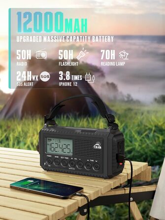 Радіо на сонячній батареї та з ручним генератором | Powerbank 12000mAh, AM/FM/SW, SOS, USB-C, IPX4, ліхтарик, для кемпінгу та відпочинку на природі (чорний)