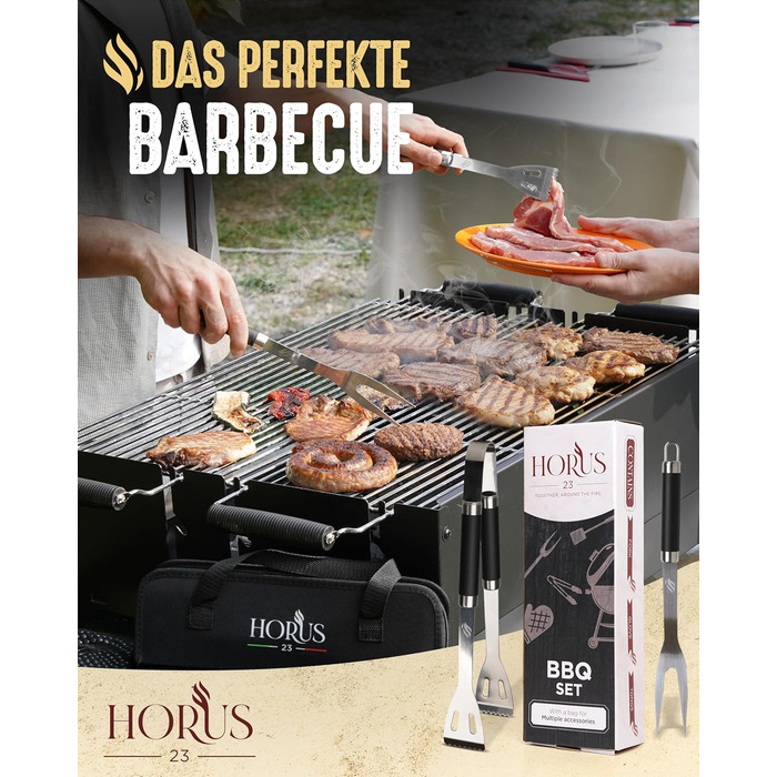 HORUS 23 Набір аксесуарів для гриля – 4 предметний набір: щипці, лопатка, виделка та термостійкий рукавичка