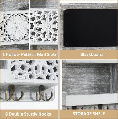 Дерев'яний ключниця з полицею на стіну, органайзер для ключів з 2 відсіками для листів, крейдяною дошкою та 8 гачками, вінтажний білий