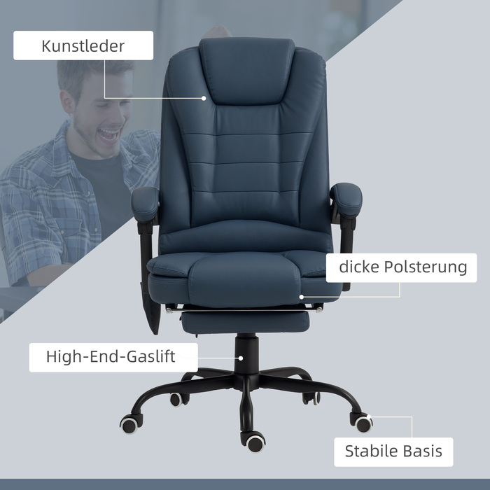Vinsetto Massage Office Chair with 7 Vibration Points, Adjustable Footrest & Backrest, Up to 120 kg (265 lbs), Faux Leather, Blue