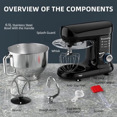 Кухонна машина-міксер з чашею 6.5л з нержавіючої сталі, 2000W, 6 швидкостей, для тіста та міксування, з набором насадок (вічорник, гак для тіста, вінчик) та захистом від бризок, чорна