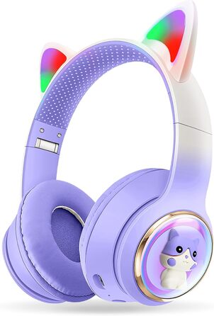 Дитячі навушники AXFEE з Bluetooth, котячі вушка, LED-підсвічування, Over-Ear, бездротові, з мікрофоном, Micro SD/TF, для телефону/планшета/ПК (#02 фіолетовий v5.3)