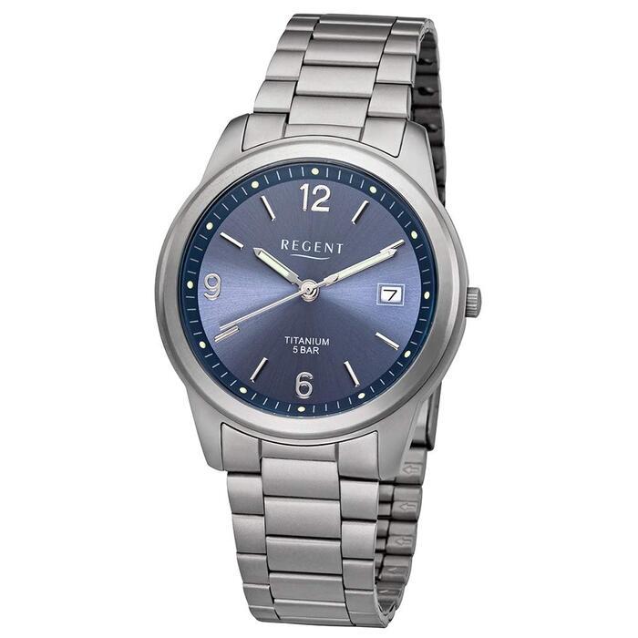 Годинник Regent для чоловіків з титановим браслетом та корпусом, діаметр 36 мм, кварц, арабські цифри, дата (блакитний)
