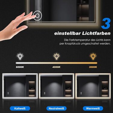 Дзеркало для ванної кімнати SONNI з підсвічуванням 80x60 см, 3 кольори світла, проти запотівання, LED, сенсорне керування, годинник, температура, 3-кратне збільшення