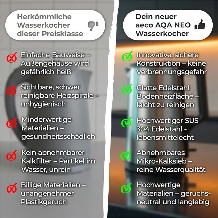Електричний чайник Aeco AQA NEO з нержавіючої сталі, 1.7 л, 2150 Вт, без BPA, фільтр від накипу, бездротовий, CoolTouch, шампань сріблястий