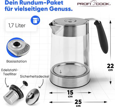 Електричний чайник ProfiCook PC-WK 1020 G: скляний корпус, 1.7 л, 3000 Вт, з тефлоновим фільтром, підігрів