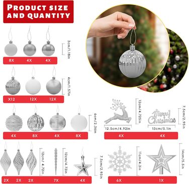 Набір прикрас для ялинки Aufun 108 шт. Преміум якість, пластикові кулі, зірка, верхівка, безпечні прикраси, ялинкові кулі, багаторазові, декор (шампань, срібло)