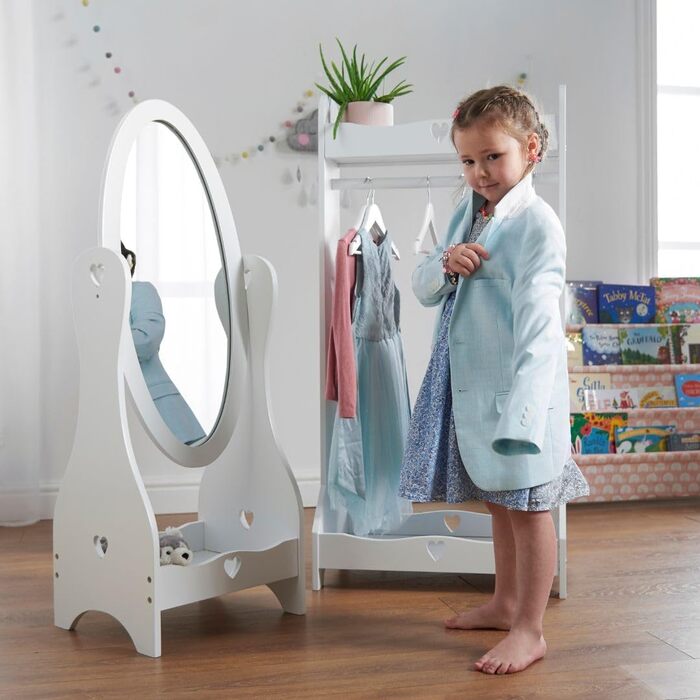 Standing Mirror for Children, Ages 3-7, Wood Kids' Mirror, Nursery, Mirror for Kids' Room, Kids' Mirror with Storage, Girl's Freestanding Standing Mirror White, Christmas Gifts (Clothes Rack)