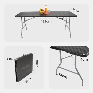 Складаний садовий стіл Arebos Buffettisch 182x74x74 см, чорний | для 8 осіб | з ручкою для перенесення | стіл для вечірок та кемпінгу