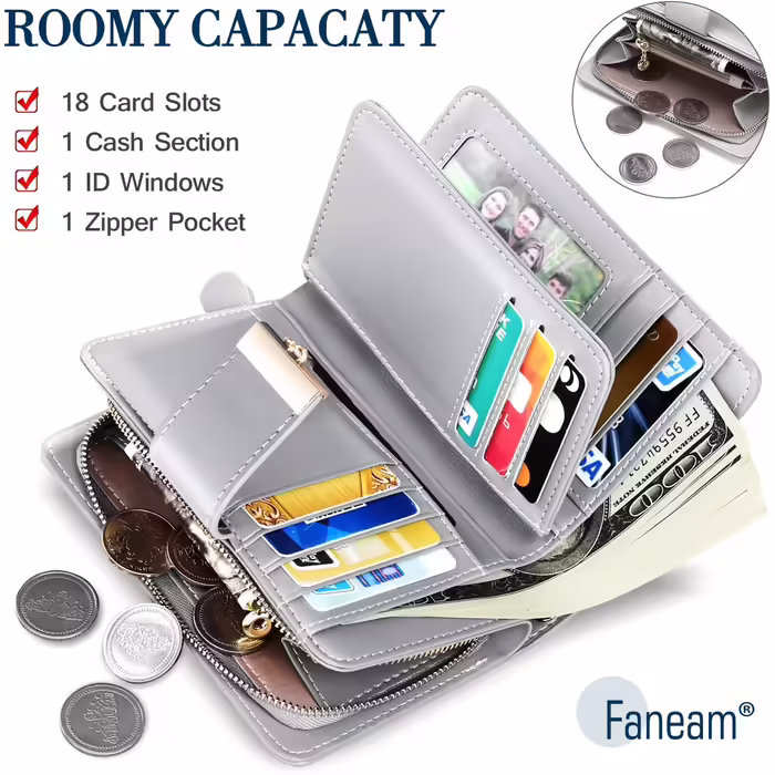 Жіночий гаманець Faneam з натуральної шкіри з RFID захистом, багато відділень для карт, компактний портмоне на блискавці з ланцюжком і ремінцем