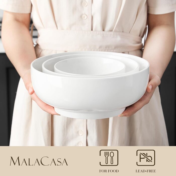 Набір супових та салатних мисок MALACASA Regular Weiß (3шт, 3.4л, 1.8л, 0.8л) з порцеляни. Ідеально для супу, салату, рамену, фруктів та мюслі.