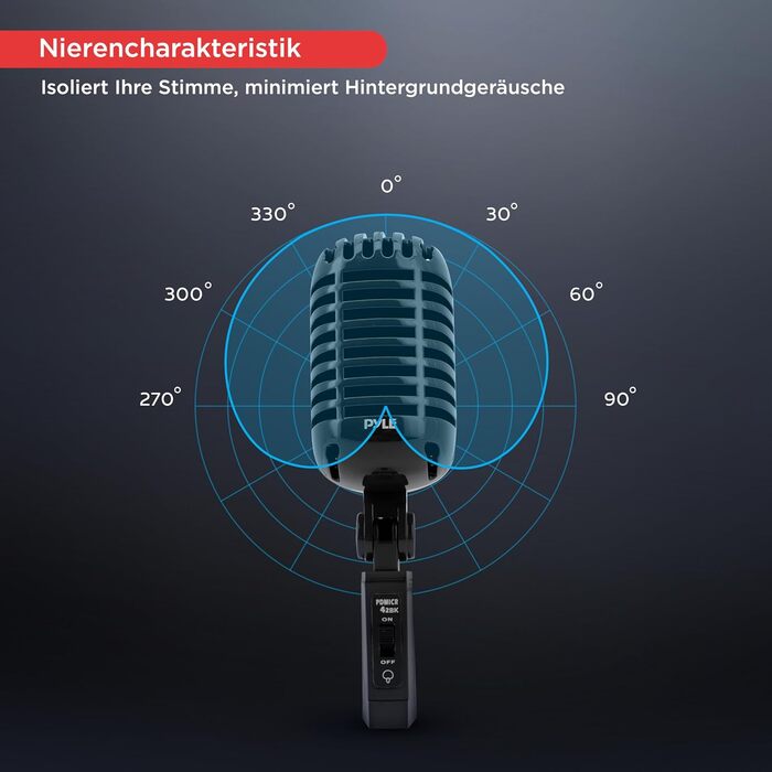 Мікрофон Pyle Динамічний Ретро-стиль, для вокалу та запису, з XLR-кабелем 4.88м, сумісний зі стандартним кріпленням, чорний