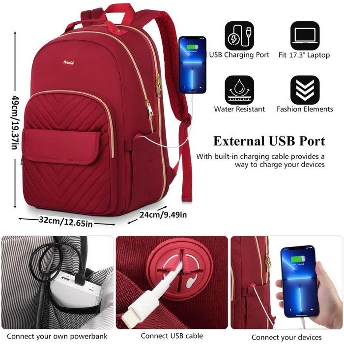 Жіночий рюкзак для ноутбука 17.3 дюйма, шкільний рюкзак для дівчат-підлітків, для навчання, роботи та офісу, для студентів та вчителів, колір: винний