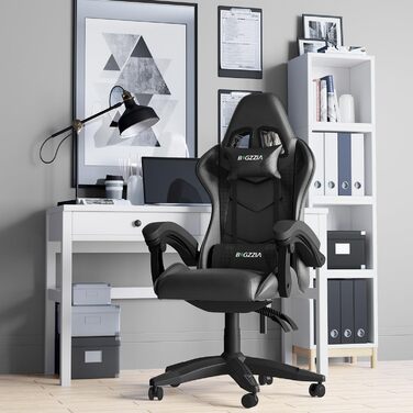 Геймерське крісло Racingreat Ergonomic: PC крісло для геймерів та офісу з регульованим кутом нахилу, PU шкіра, подушка під голову. Чорне.