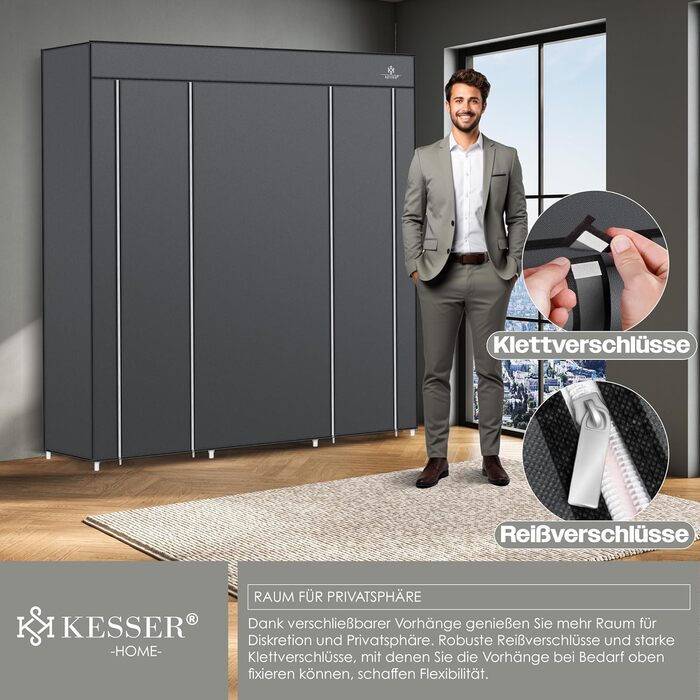 KESSER® Wardrobe Clothes Rack Stable with Clothes Rail & Shelves, Incl. 5x Clothes Hangers, Fabric Folding Wardrobe for Bedroom, Dressing Room Closet with Clothes Stand 150x45x175cm (Anthracite)
