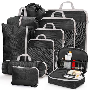 Набір органайзерів для валізи 10 шт. Packing Cubes з компресією, чорний – органайзери для подорожей, одягу, рюкзака