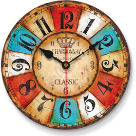 VIKMARI Quartz Wall Clock Wood Silent Hanging Clock, Battery-Powered Round Rustic Clock, Easy to Read Vintage Interior Wall Clock ||14' (Colorful Arabic Numerals, 20 cm)