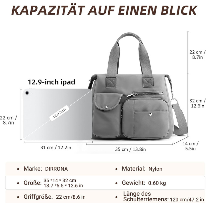 Сумка жіноча DIRRONA велика – містка сумка-шопер для міста, роботи, університету та подорожей, з плечовим ременем (сірий)