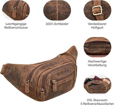 STILORD 'Dublin' чоловіча поясна сумка з натуральної шкіри велика, водовідштовхуюча, захист від крадіжки, багато відділень, XXL, для подорожей, активного відпочинку, фестивалів, колір: коричневий (Mittel - Braun)